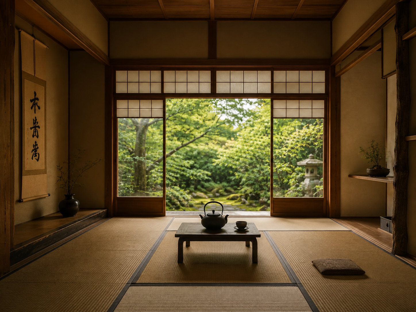 Traditional Japanese tatami room with a low tea table, tea set and garden visible through open doors.