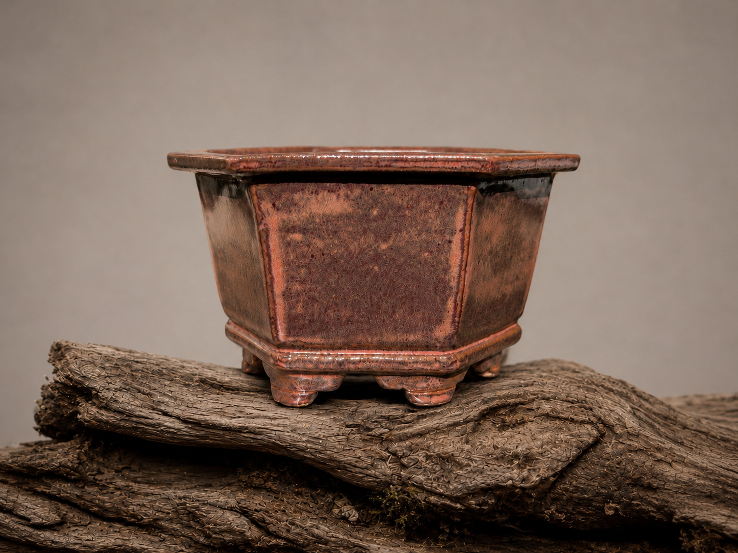 Handcrafted hexagonal semi-cascade bonsai pot from the Seasons Restrained collection, featuring a wide crown rim in Santa Rosa Plum, by Ian Jobling Ceramics.