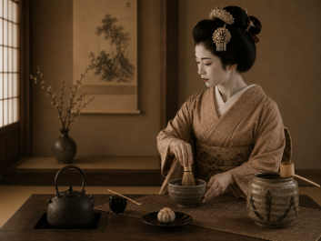 Japanese woman in traditional kimono preparing tea in a traditional tea ceremony setting.