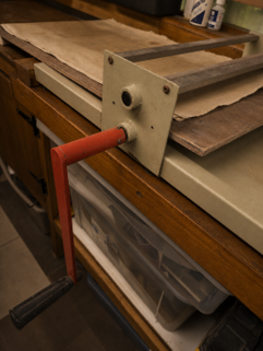 Clay slab roller machine in Ian Jobling's bonsai pottery studio.