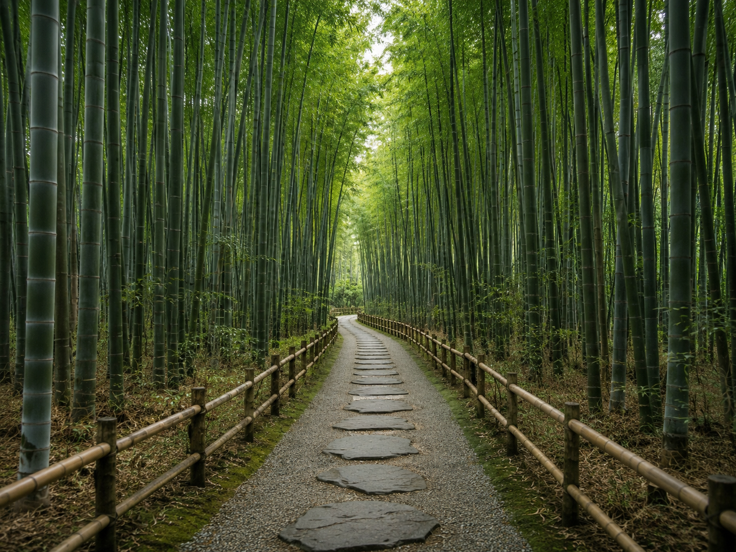 Path through a traditional Japanese bamboo grove, with bamboo railings and stone paving.