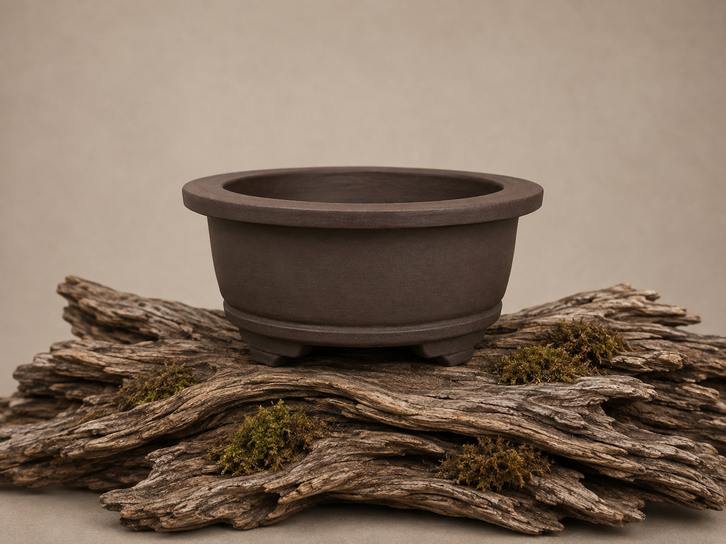 Handcrafted round bonsai pot in Sea Kelp, featuring the Wide Crown design, by Ian Jobling Ceramics.