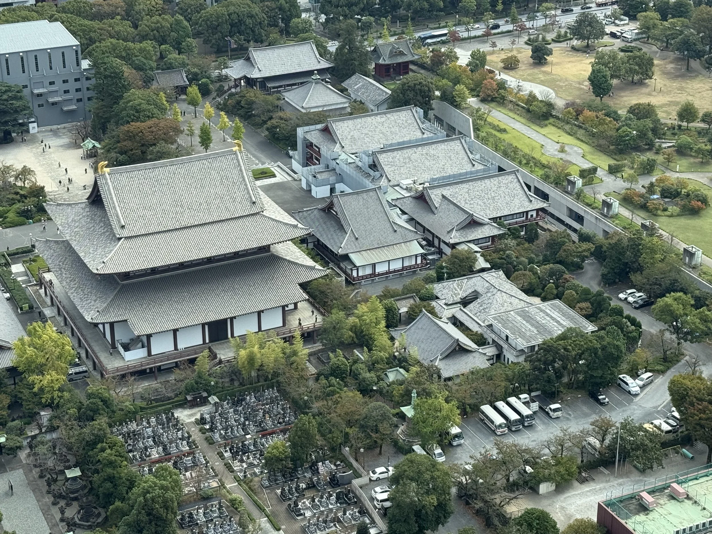 An image of a Shinto Shrine take from the top of Tokyo Tower.