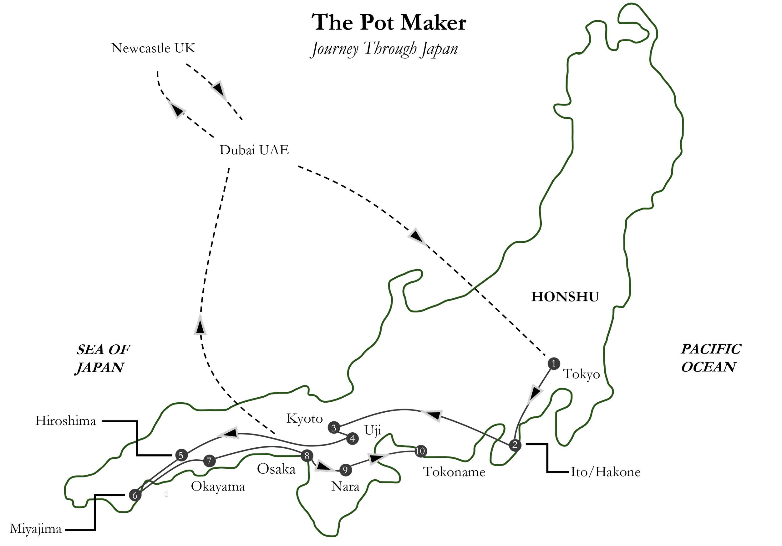 Map showing Ian Jobling's journey through Japan, including Tokyo, Hakpne, Kyoto, Uji, Nara, Osaka, Okayama, Hiroshima, Miyajima, Tokoname.