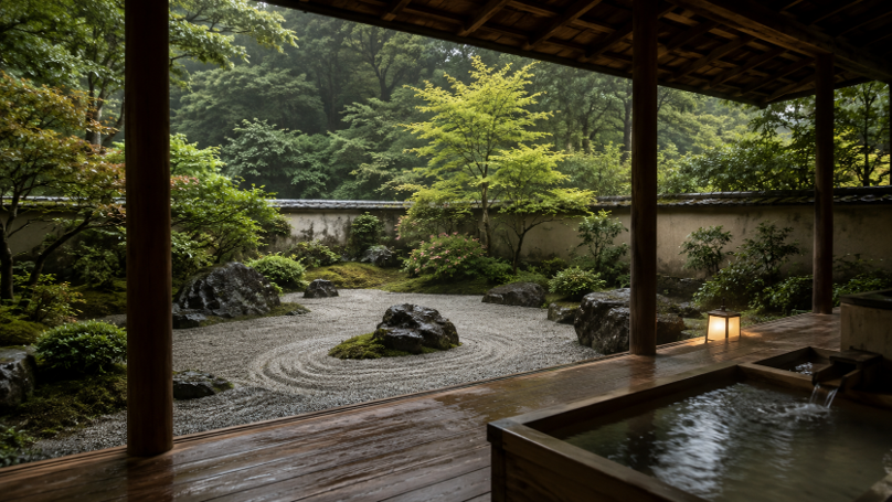 Traditional Japanese garden with raked gravel, moss-covered rocks, maple trees and water feature.