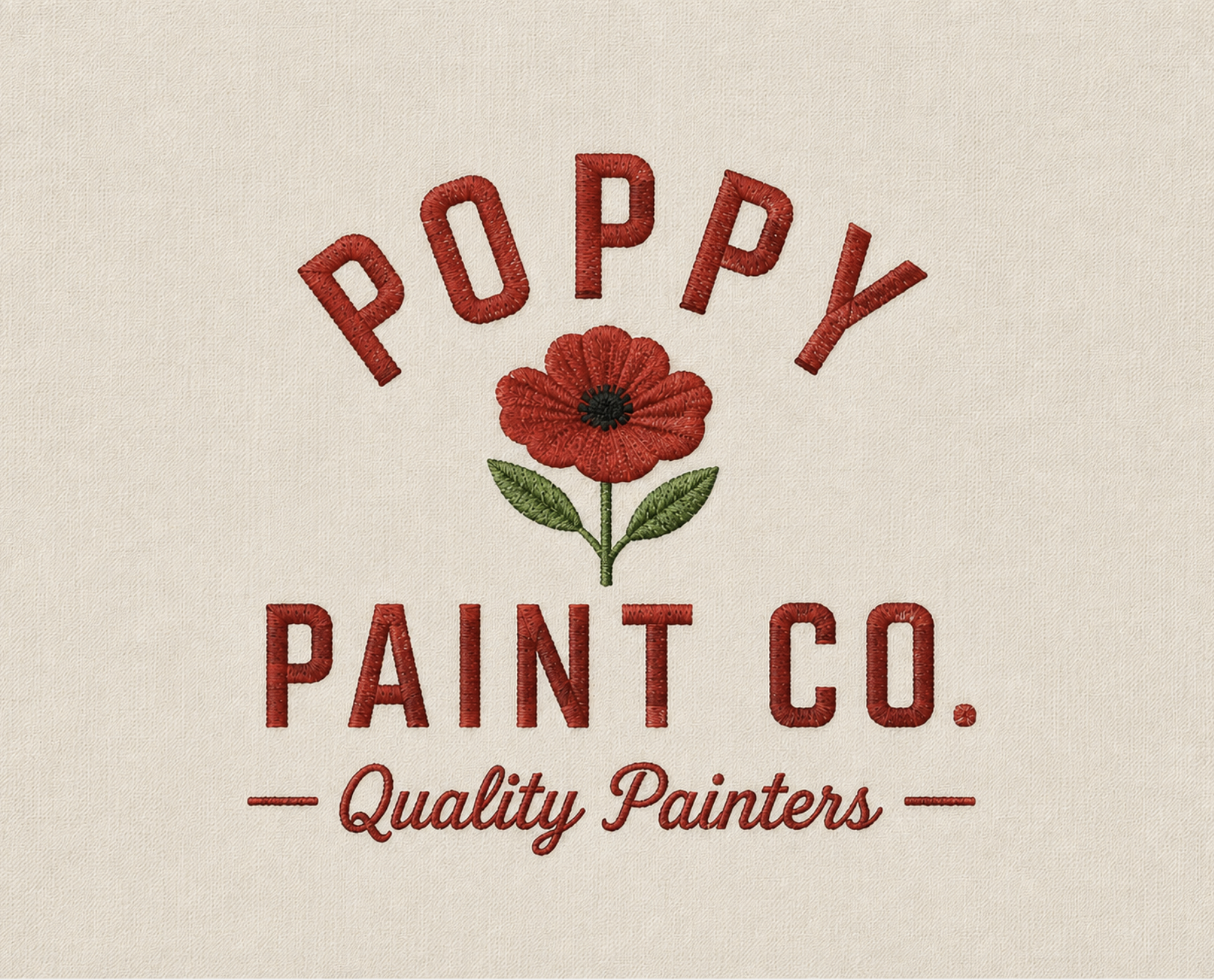 Text reading "Poppy Paint Co. Quality Painters" with an embroidered red poppy flower and green leaves underneath the word "Poppy".