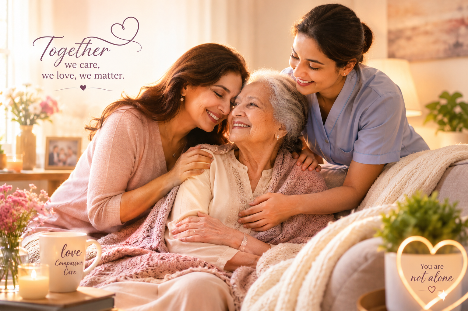 Three women sharing a joyful, loving moment in a cozy, well-lit living room. An elderly woman is seated on a sofa, surrounded by two younger women who are lovingly embracing her. The scene is decorated with warm lighting, flowers, candles, and heartfelt signs that say 'Together we care, we love, we matter,' 'love, Compassion, Care,' and 'You are not alone.'