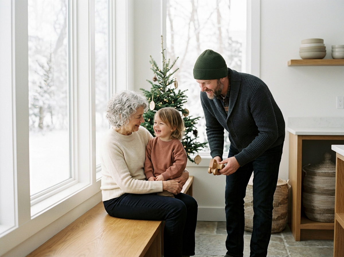 Grandmother, young girl, and man celebrating Christmas with a decorated tree in a bright room