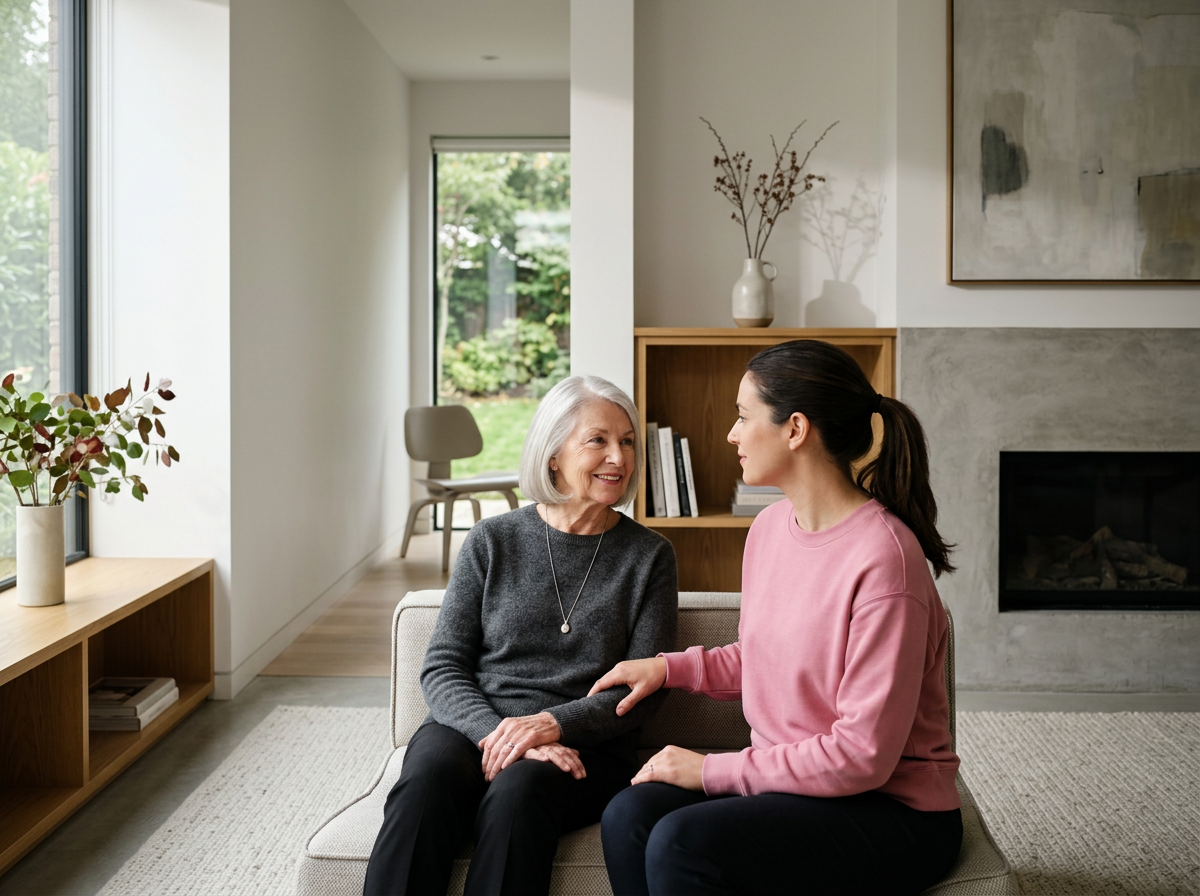 An elderly woman and a younger woman are sitting on a sofa in a living room, engaging in a warm conversation. The elderly woman has gray hair and is wearing a dark gray sweater, while the younger woman has dark hair tied in a ponytail and is wearing a pink sweatshirt.