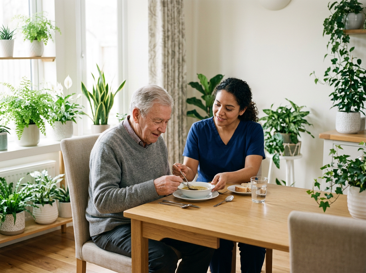 An elderly man having soup at a dining table with a caregiver or family member in a bright, plant-filled room.