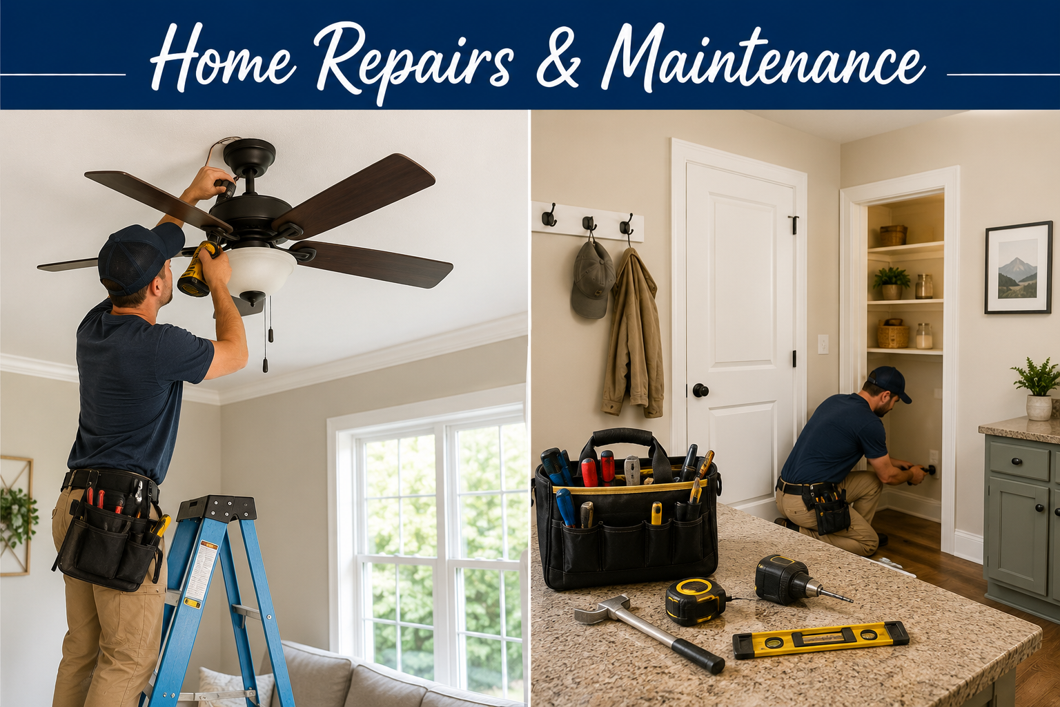 A handyman fixing a ceiling fan on a ladder in a living room and another handyman working on a wall socket in a kitchen.