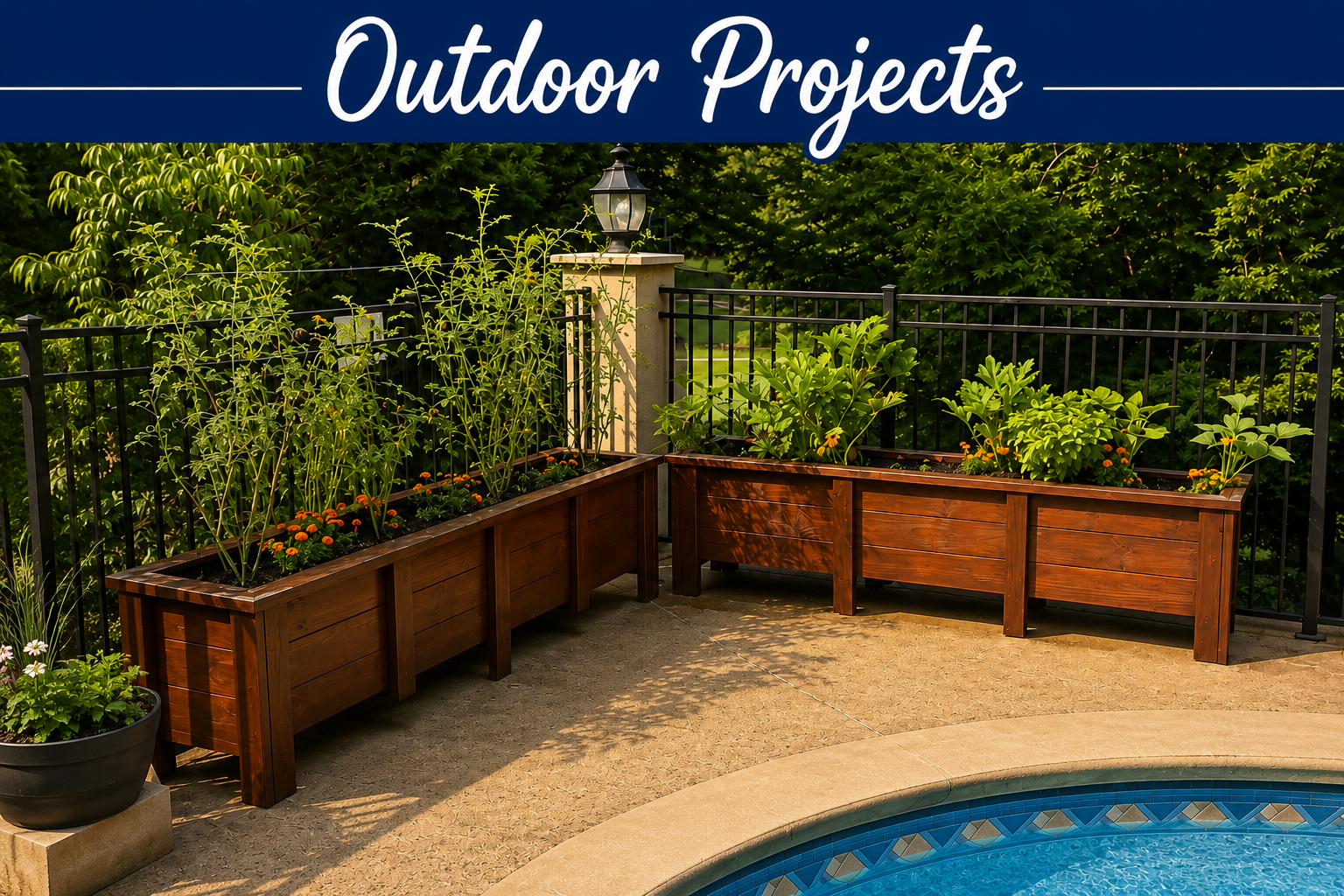 Raised wooden garden bed with tomato plants and marigolds next to a black metal fence and a swimming pool, outdoor setting with greenery in background.