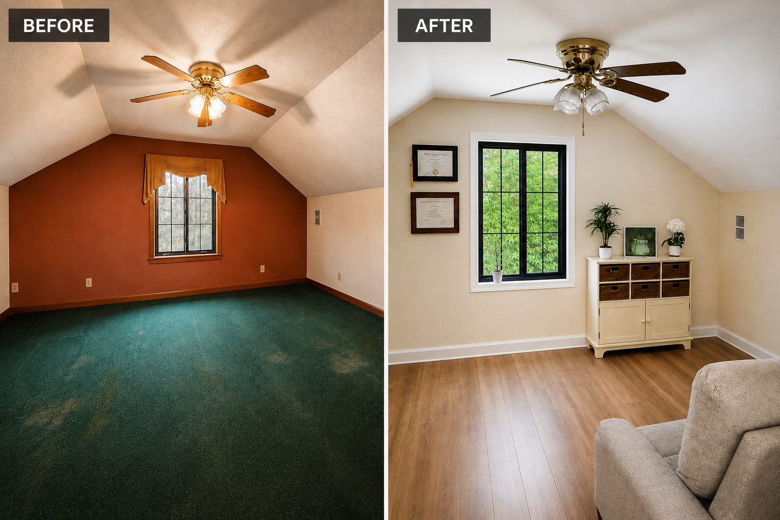 Side by side comparison of a room before and after renovation. The 'before' side shows an empty room with a green carpet, reddish-brown wall, window with yellow valance, and a ceiling fan with lights. The 'after' side shows the same room transformed with light-colored walls, wooden flooring, a black-framed window overlooking greenery, a white cabinet with decor, and a comfortable armchair.