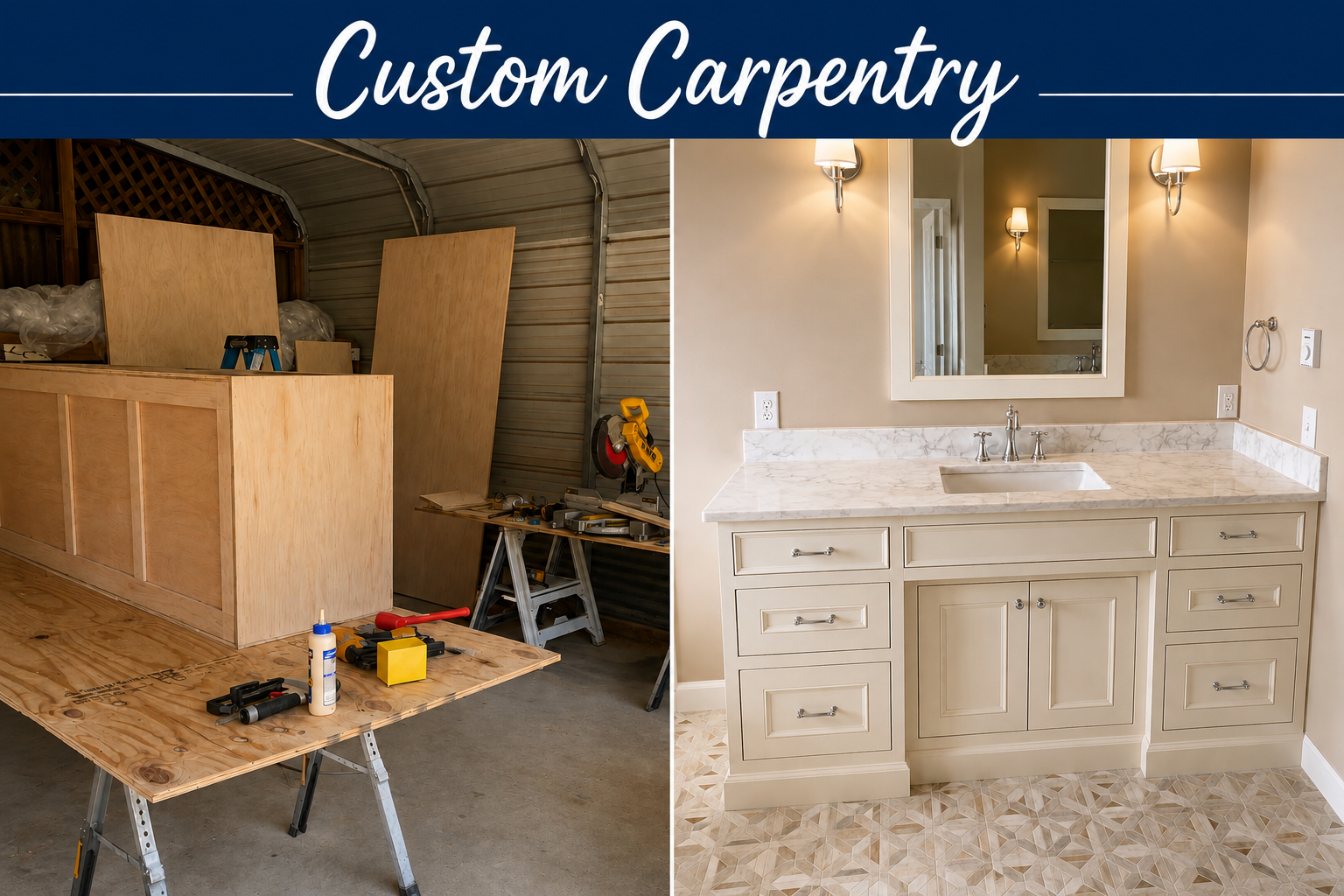 Comparison of a unfinished home renovation on the left and a finished bathroom with a vanity, mirror, and lighting on the right.