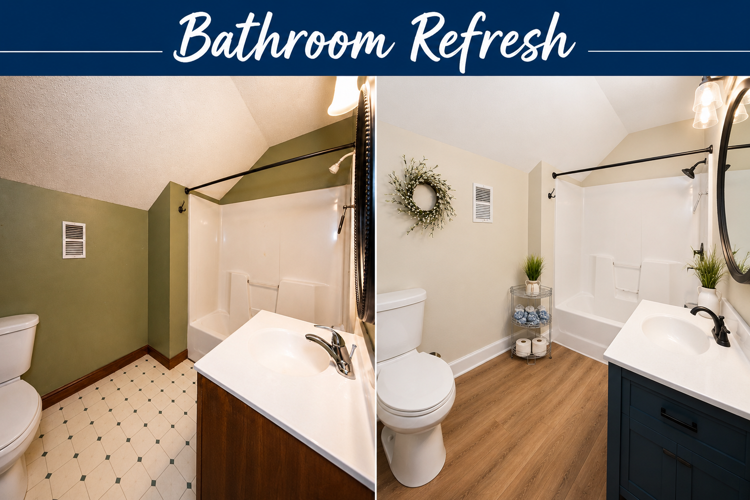 Side-by-side comparison of a bathroom before and after renovation. The before image shows a small shower with green walls, a bathtub, and a toilet on a tiled floor. The after image displays a modern, renovated bathroom with light-colored walls, a toilet, a white shower with black fixtures, a blue vanity with a white countertop, and decorative accents, including a wreath and plants.