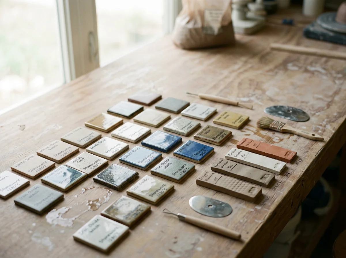 Glaze test tiles on a studio table