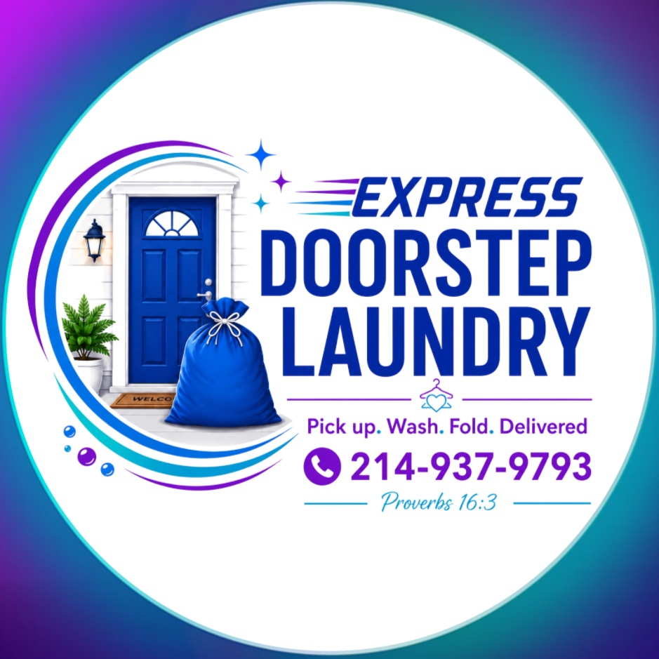 Logo for Express Doorstep Laundry featuring a house with a blue door, a laundry bag, and contact information including a phone number and tagline 'Pick up. Wash. Fold. Delivered'.