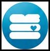 Blue circular icon with white stylized hamburger with three layers and a small heart at the bottom right
