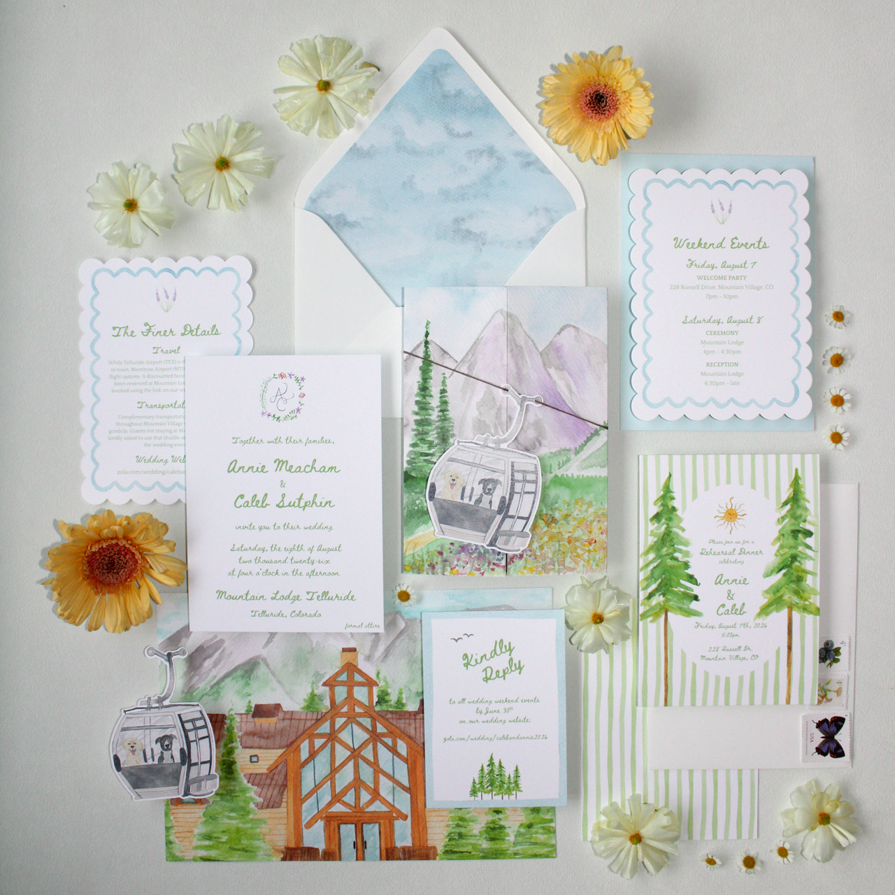 A collection of wedding and event invitations and cards with mountain and forest themes, decorated with floral and nature illustrations, and some flower embellishments surrounding the cards.