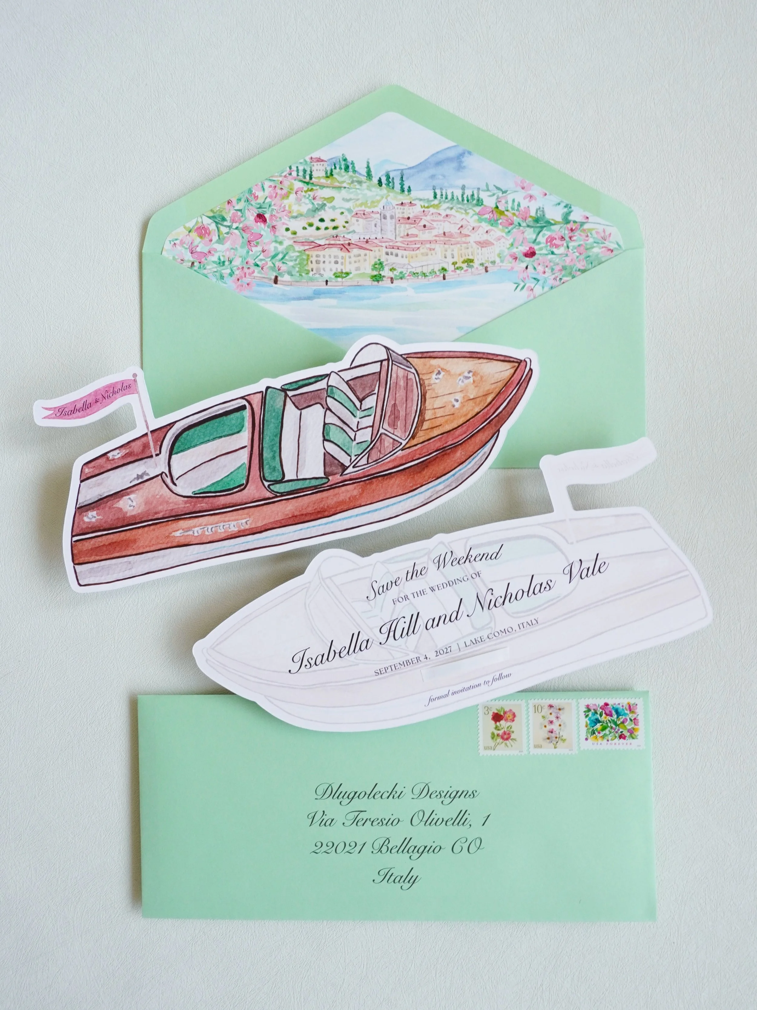 A Lake Como save the date in the shape of an iconic Italian boat, paired with a hand painted watercolor of their venue as the envelope liner. 🇮🇹 A pretty little preview of what&rsquo;s to come!
