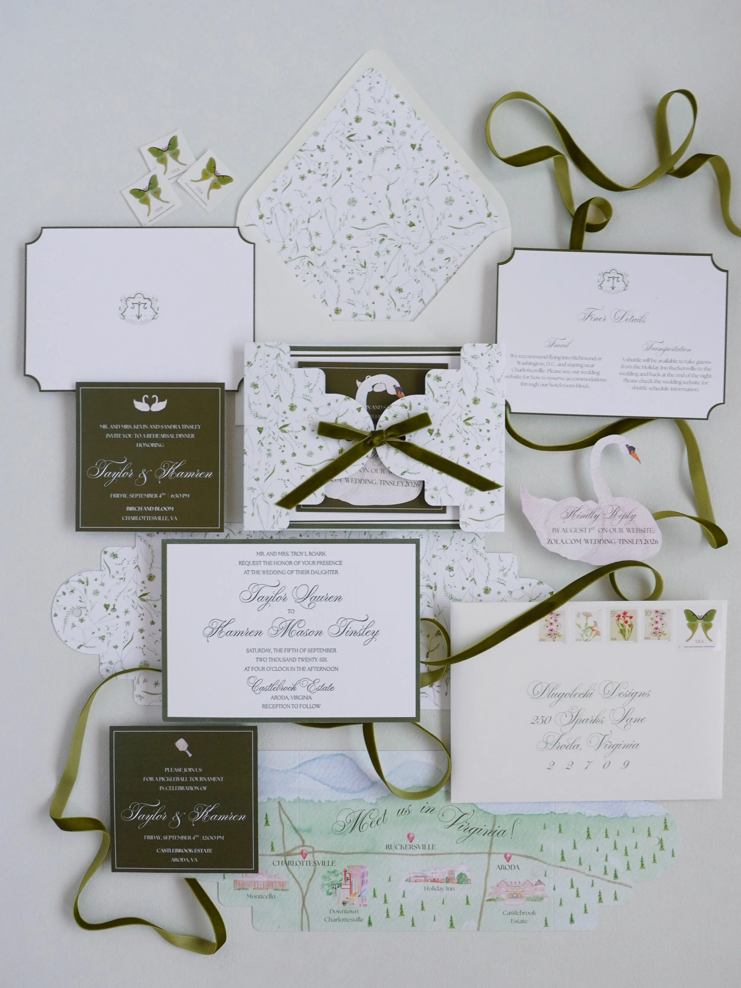 T+K&rsquo;s wedding weekend is finally here! 🦢

Pulled out all the stops for this one with a hand painted green floral pattern, custom gatefold, beautiful letterpress printing, and swans woven throughout the suite as a nod to one of their central we