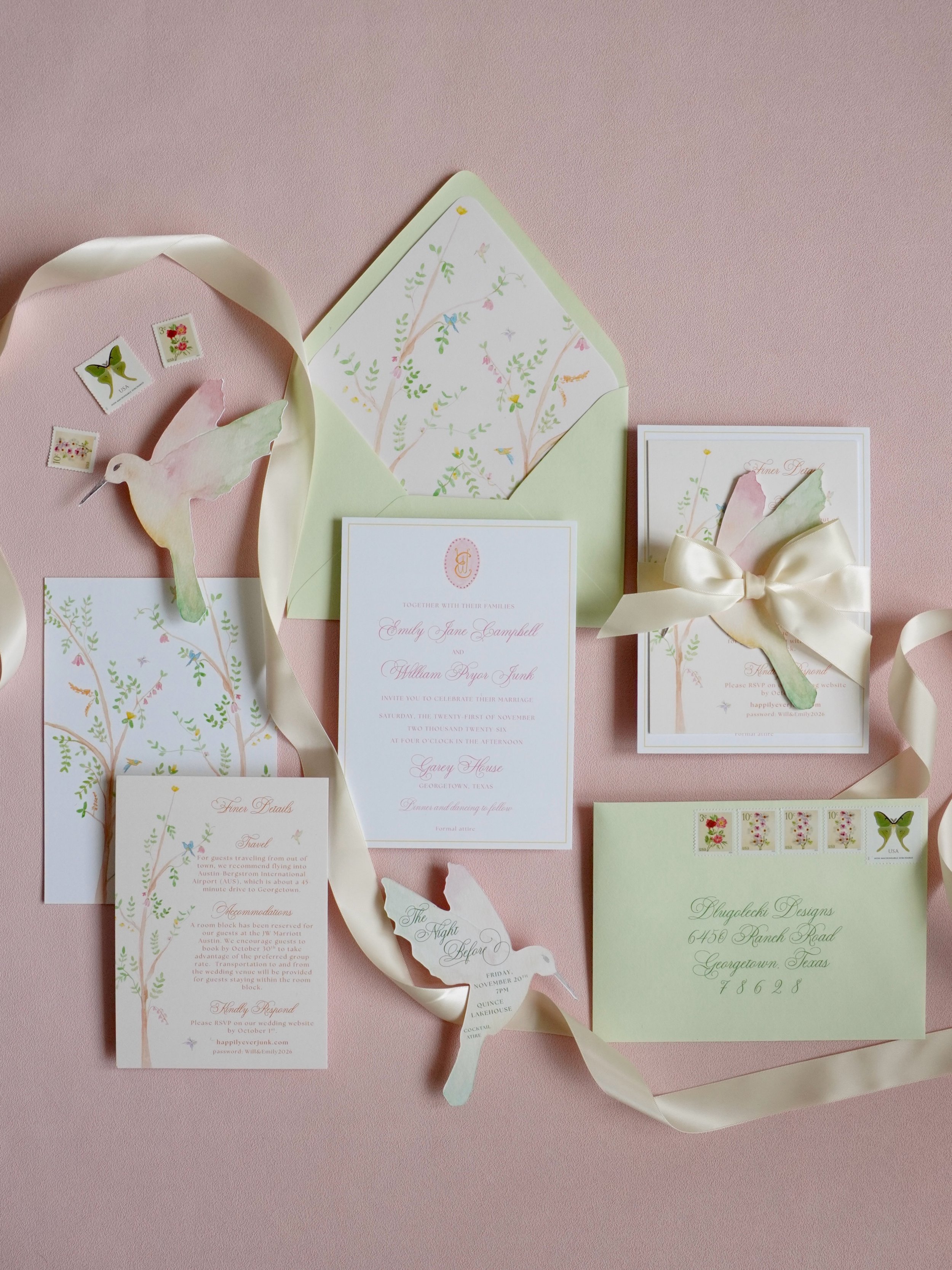 A colorful Texas wedding invitation suite filled with chinoiserie details, shades of green, pink, and peach, and the sweetest die cut hummingbird. A little bit of pattern, a lot of color, and so many fun details to bring it all together🕊️

custom we