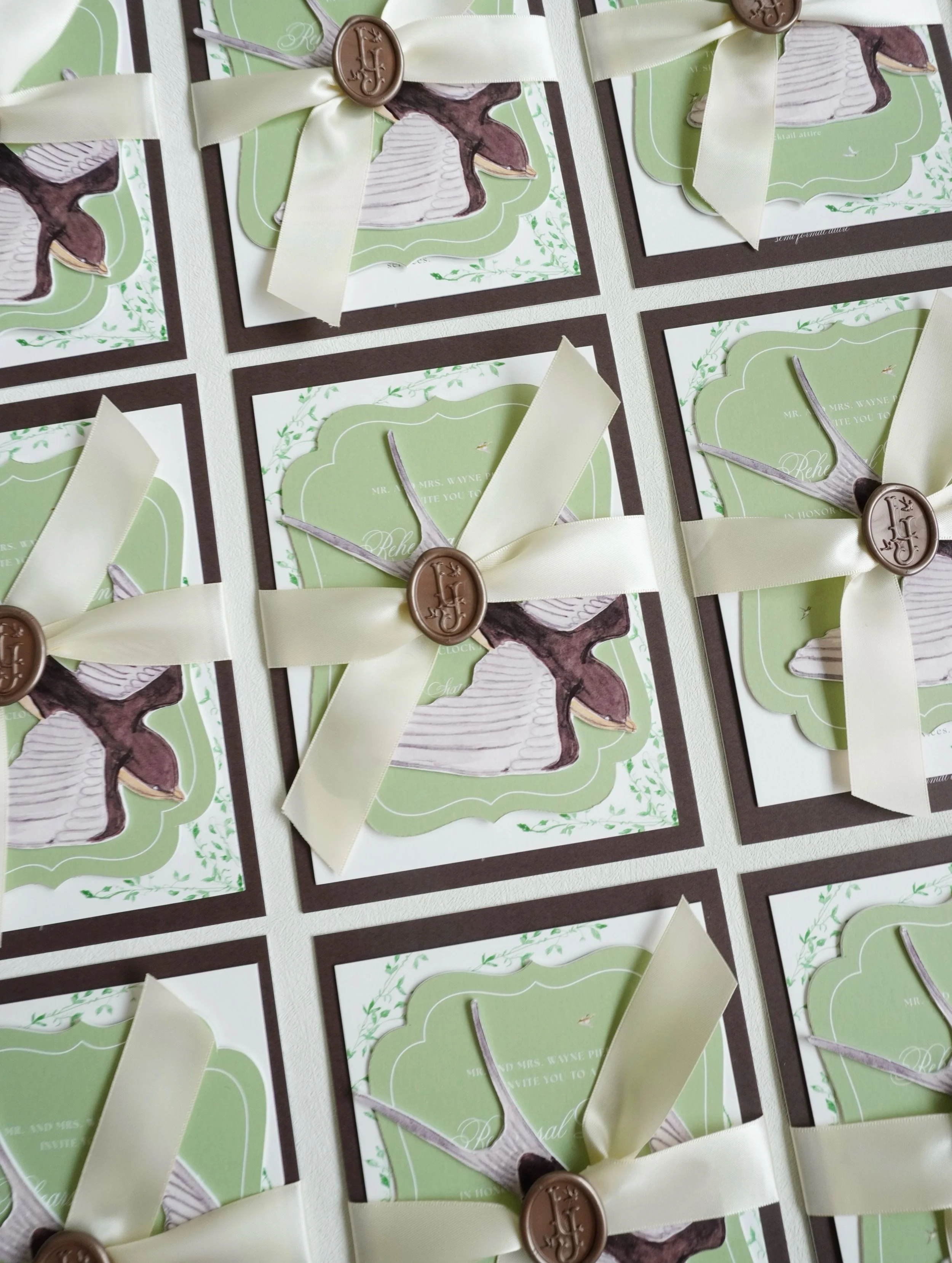 The art of the stack. Earthy greens, warm browns, hand painted vines, delicate birds, and a custom wax seal for this Texas wedding invitation suite. 

custom wedding stationery | Wedding save the dates | 2027 bride | unique wedding stationery | weddi