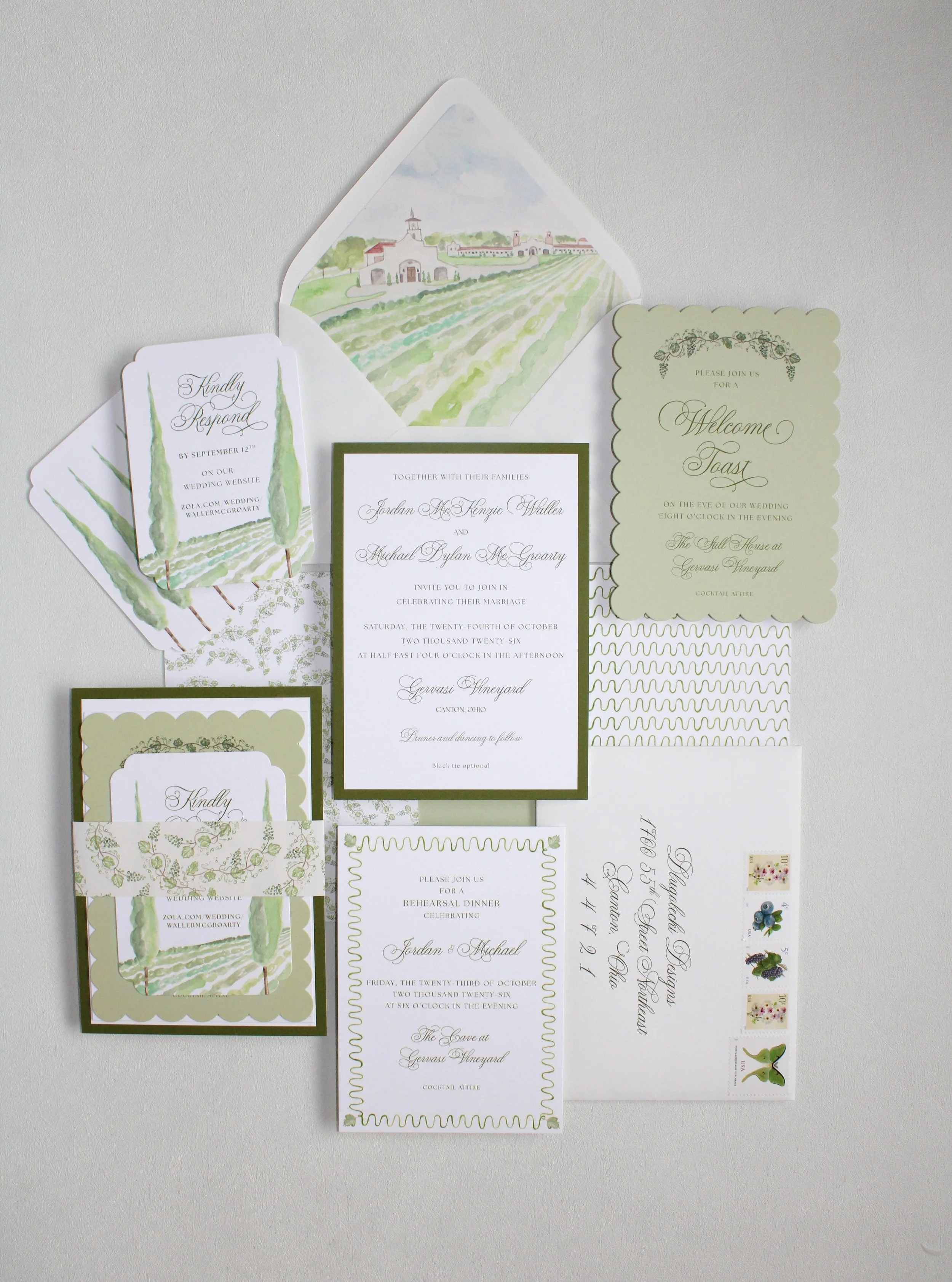J+M&rsquo;s vineyard wedding weekend starts today! A hand painted illustration of their venue, vine motifs throughout, and so many little details inspired by the setting and their story. So excited for this one to come to life!

custom wedding statio