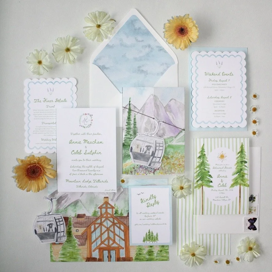 Collection of wedding stationery and decorative elements including a wedding invitation, reception card, schedule, map, and RSVP card with mountain and forest themes, surrounded by artificial flowers and a cable car illustration.