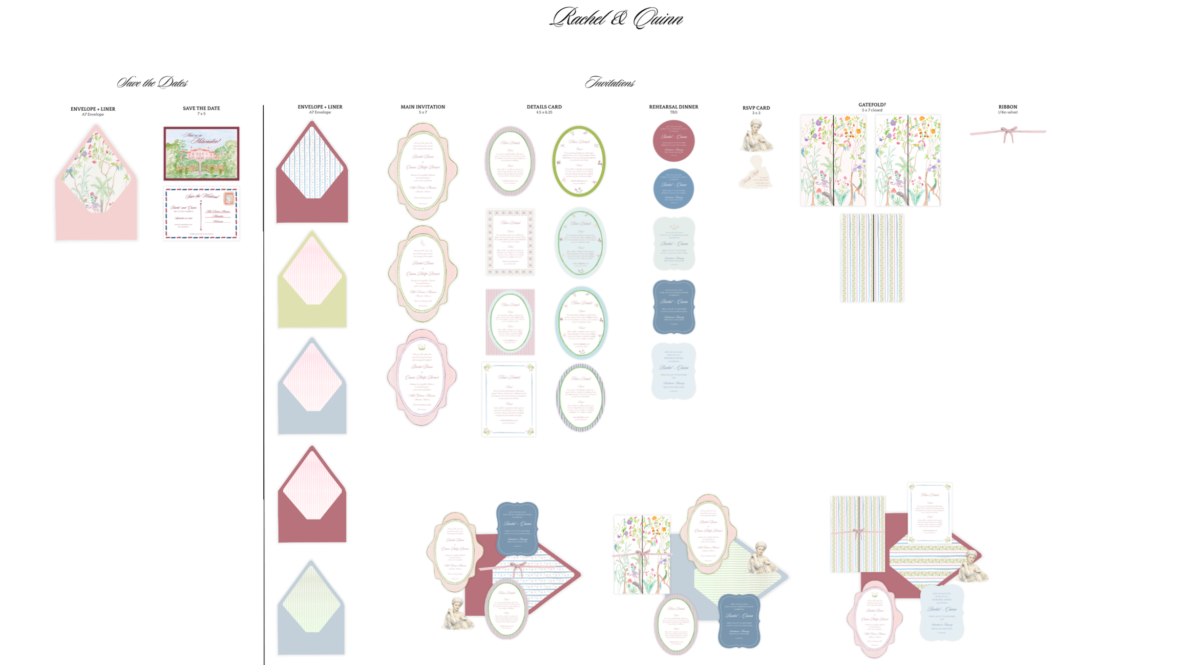 Collection of wedding invitation graphics with floral, striped, and solid color designs, including envelopes, RSVP cards, and a ribbon.