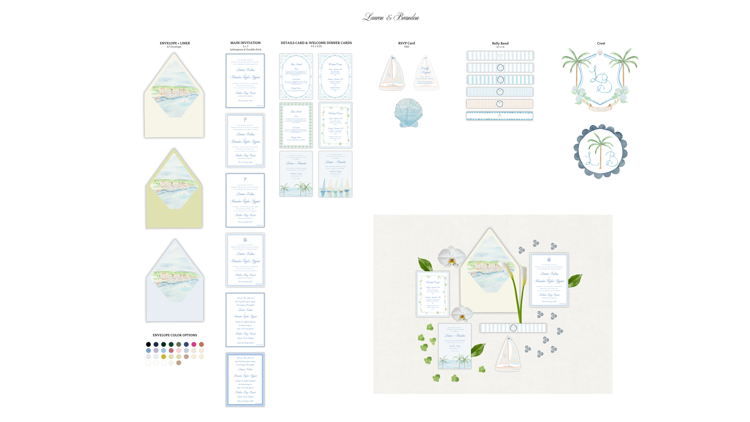 Collection of wedding invitation designs with beach and nautical themes, including various paper styles, color options, and decorative embellishments like shells, palm trees, flowers, and sailboats.