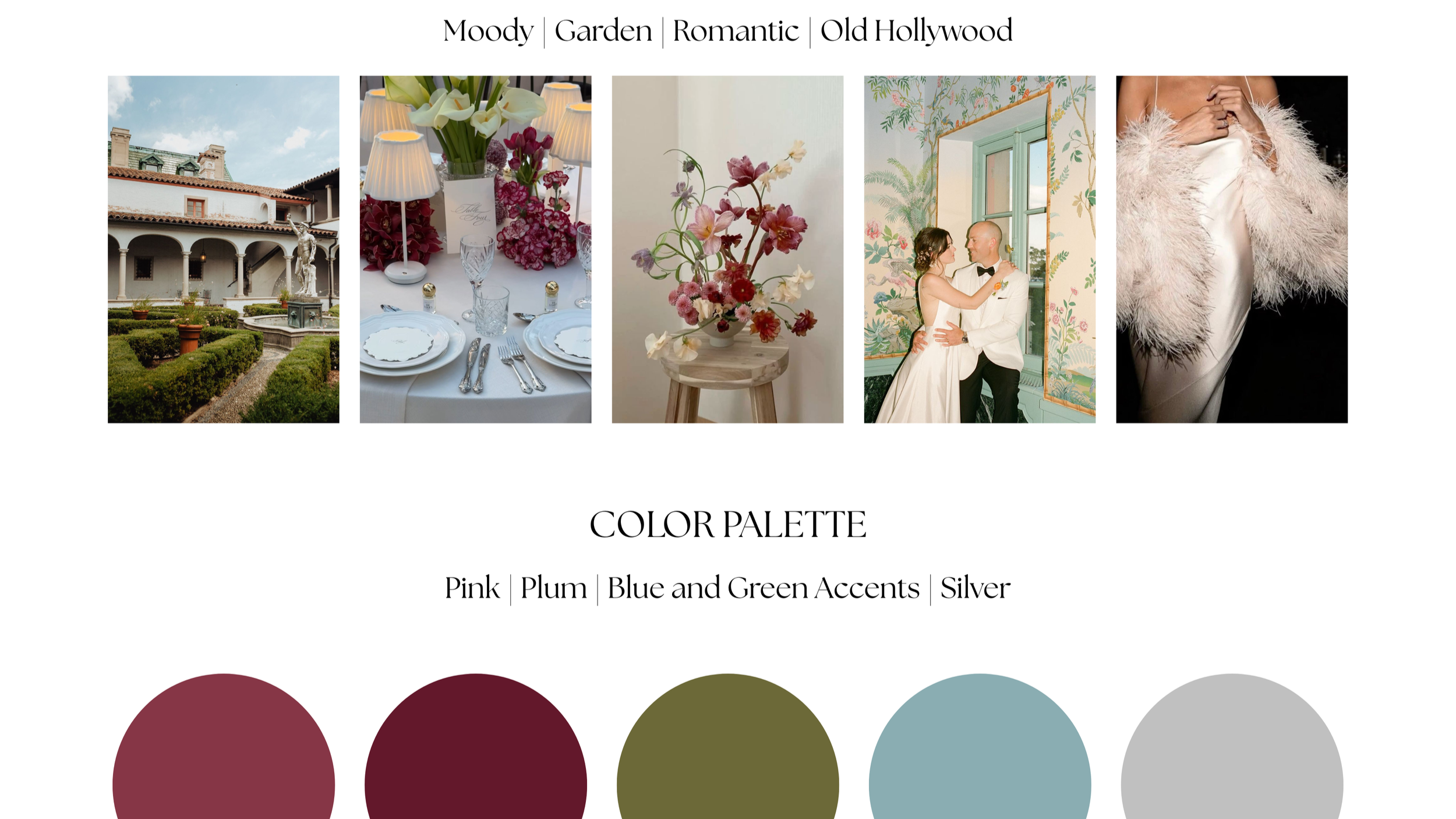 Collage of five images showcasing different interior and exterior decor styles with a color palette at the bottom, labeled Moody, Garden, Romantic, and Old Hollywood, with a color palette of pink, plum, blue, green accents, and silver.