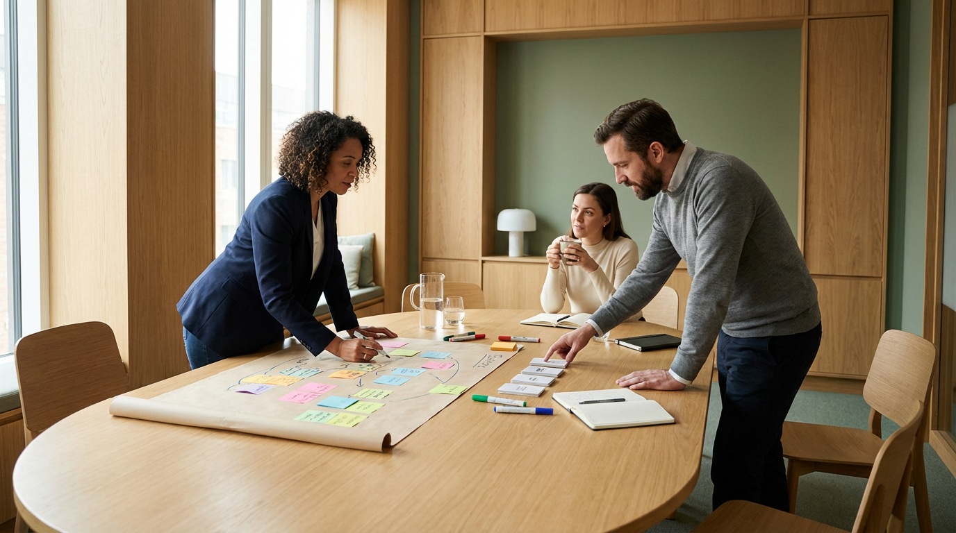 Three people in a meeting room working on a project with sticky notes and documents on a large wooden table.
