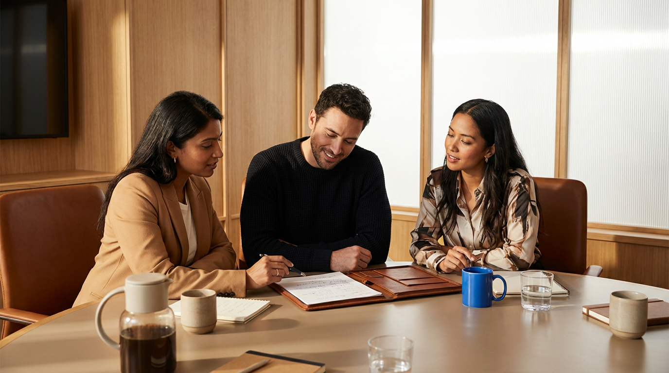 Three people sitting at a conference table in a meeting room, reviewing documents and smiling.