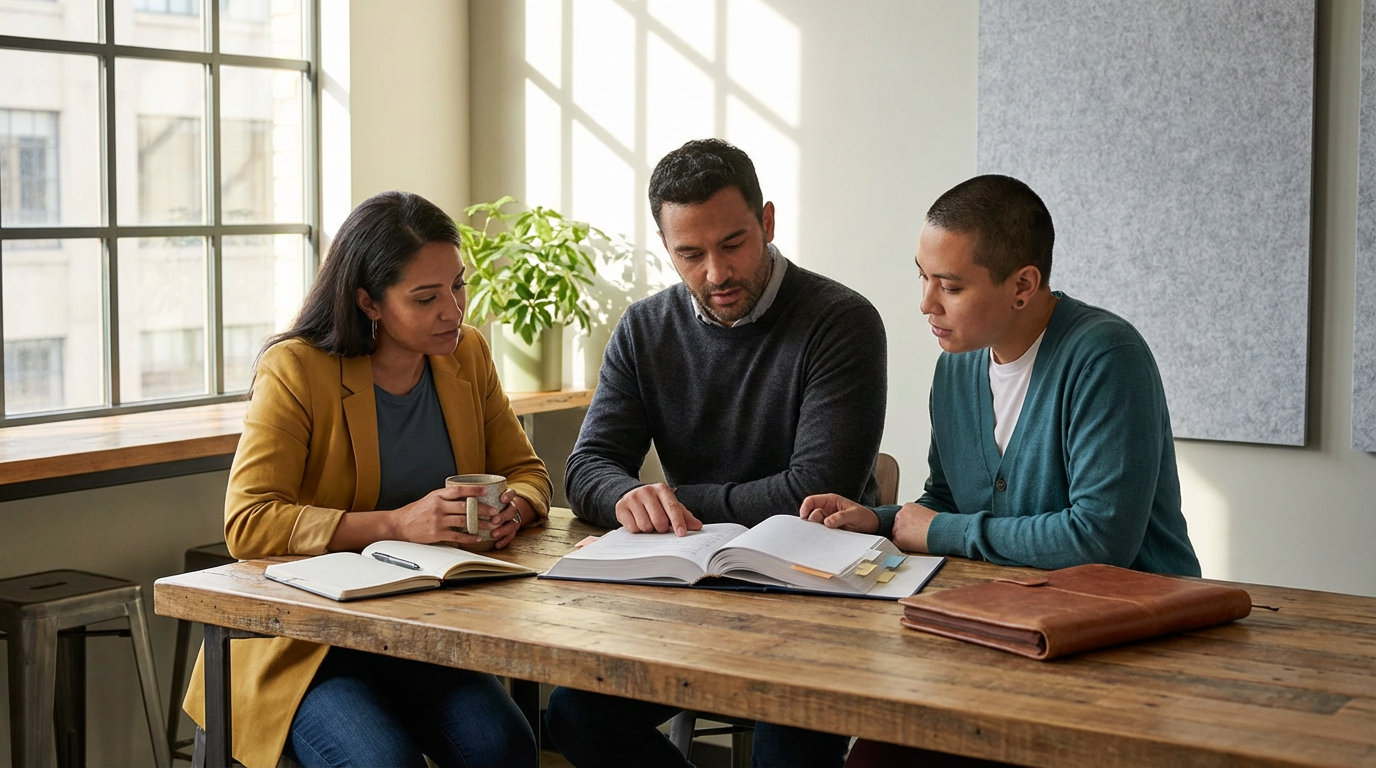 Three people sitting at a wooden table, looking at open notebooks and discussing. One woman is holding a mug, another has a large book, and a man is pointing at the book. There is sunlight coming through large windows behind them.