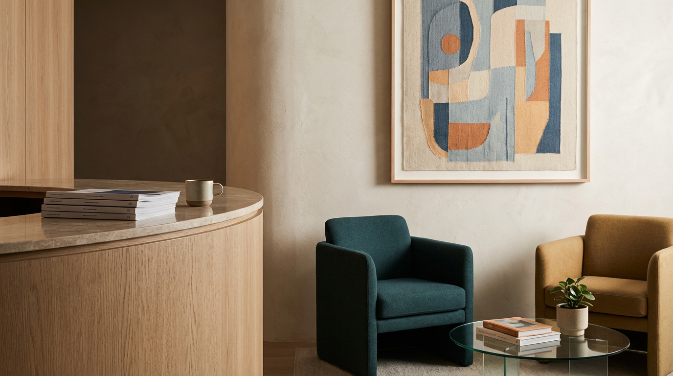 A cozy seating area featuring two armchairs, one dark teal and another mustard yellow, a glass coffee table with books and a potted plant, a large abstract artwork on the wall, and a wooden curved counter with a stack of magazines and a mug.