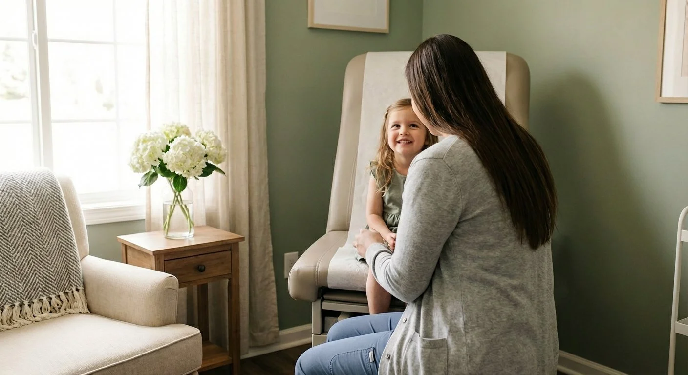 A woman and a young girl sitting in a doctor's office or hospital room, engaging in a conversation. The girl is smiling, and the woman is facing her, holding her hands. The room has a window with curtains, a small wooden table with a vase of white flowers, and a neutral-colored chair.