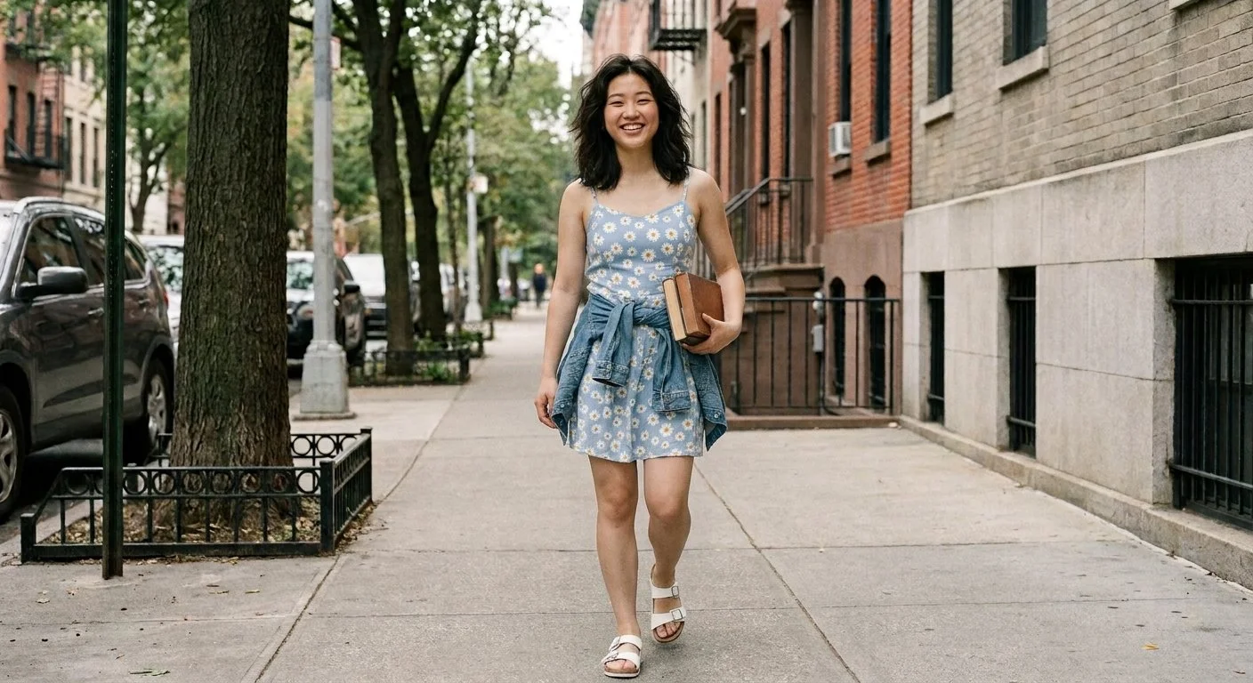 Young woman walking on city sidewalk during daytime, smiling, holding books, dressed in a floral dress and sandals, trees and brick buildings in background.
