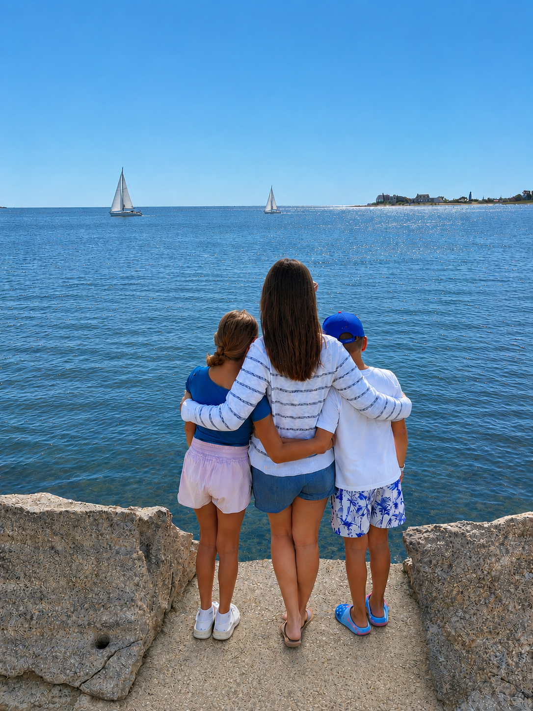 A woman and two children stand on rocks by the water, facing two sailboats on the water under a clear blue sky.