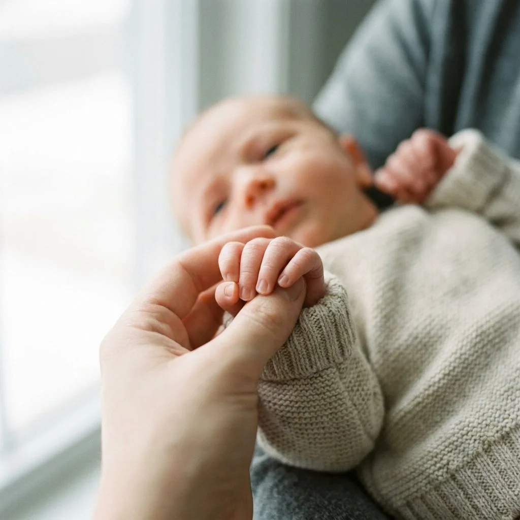 Close-up of an adult holding a baby's small hand, with the baby lying on a couch or bed near a window.