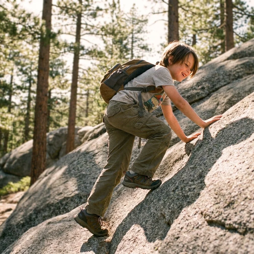 A young boy wearing a backpack, grey t-shirt, and khaki pants climbing a rock in a forested area.