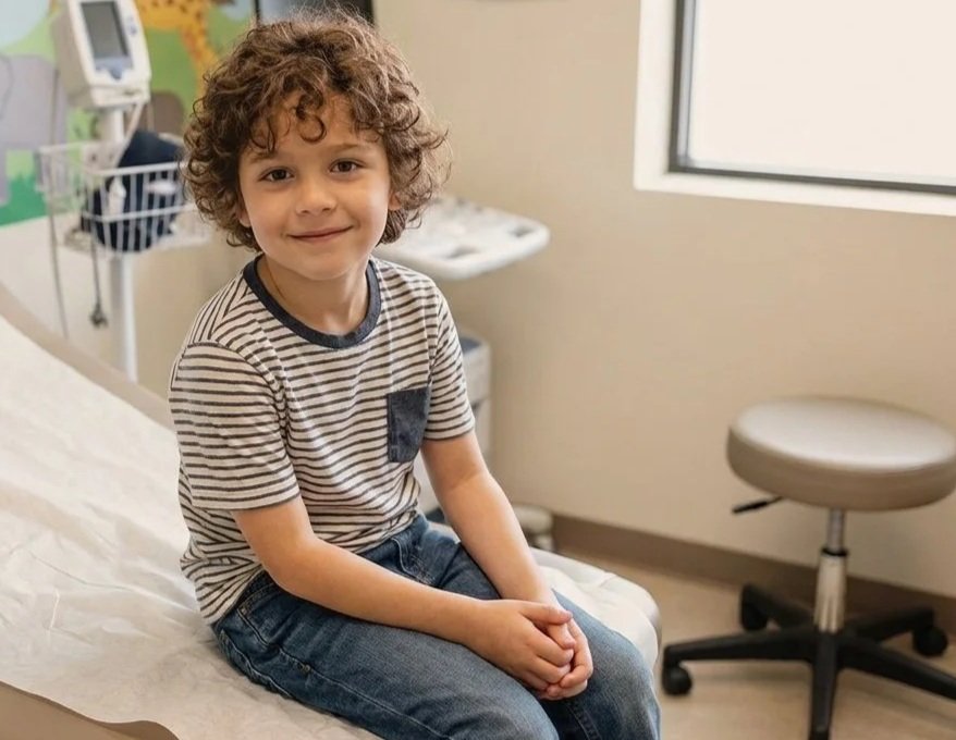A young boy with curly hair smiling, sitting on an examination table in a medical office.