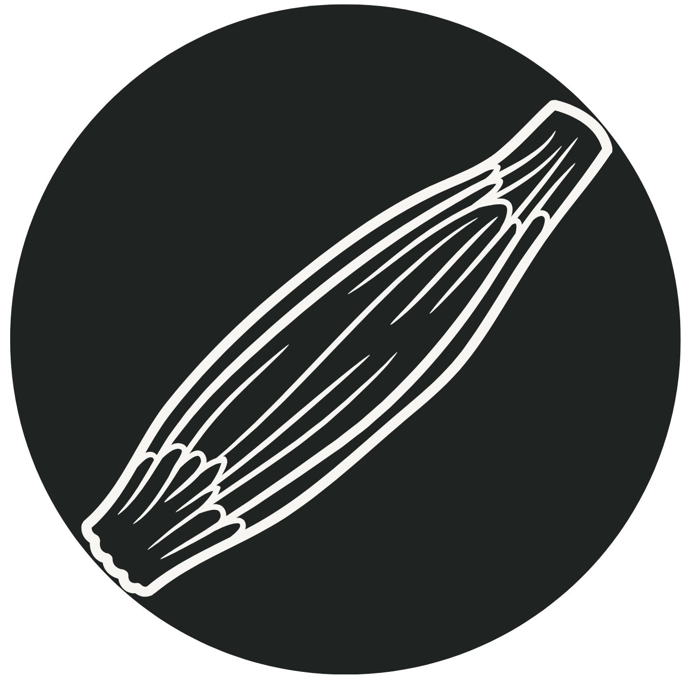 Line drawing of a razor blade on a black circular background.