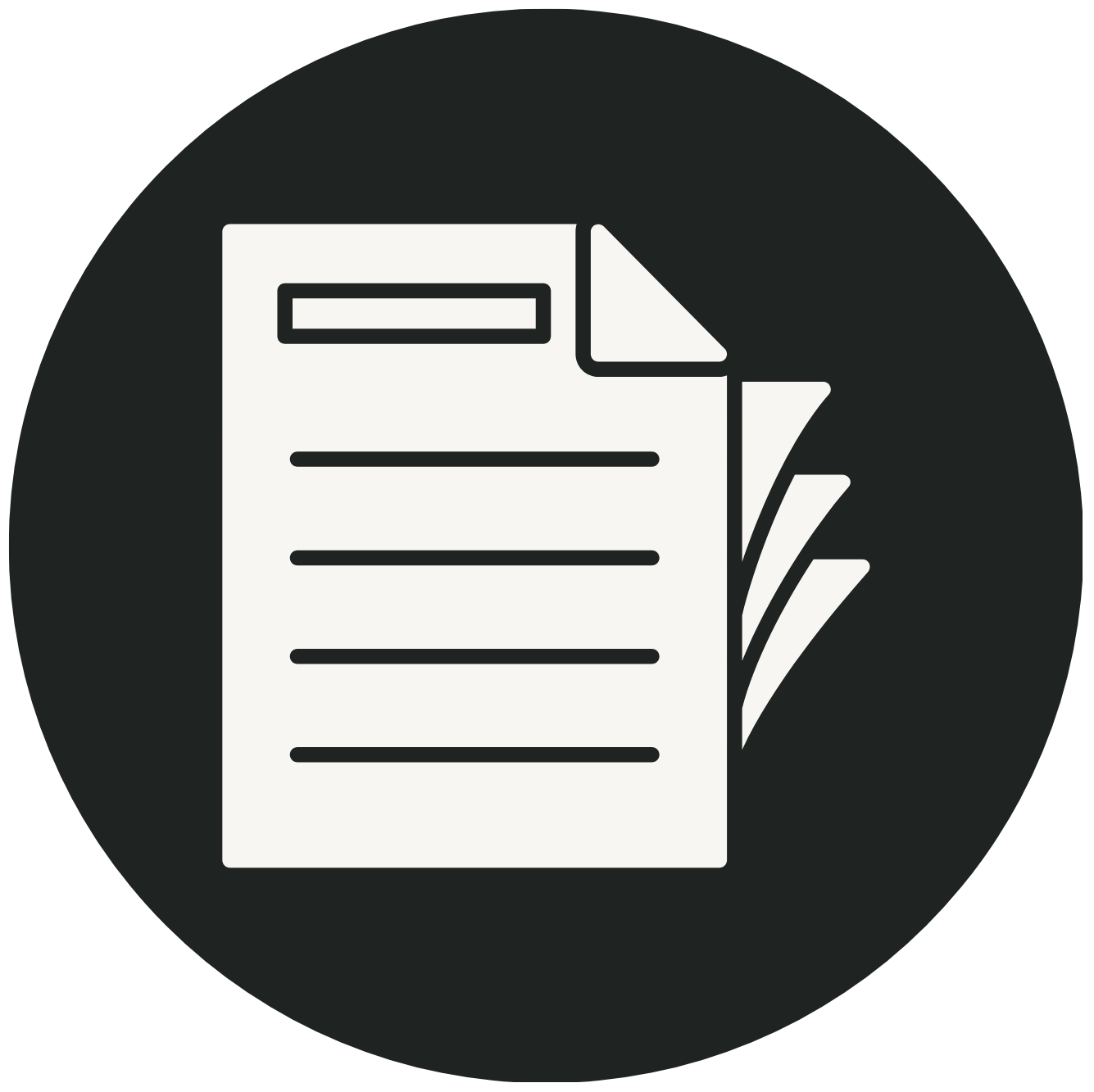 Icon of a stack of documents or papers, with the top document appearing to be slightly turned at the corner, on a black circular background.