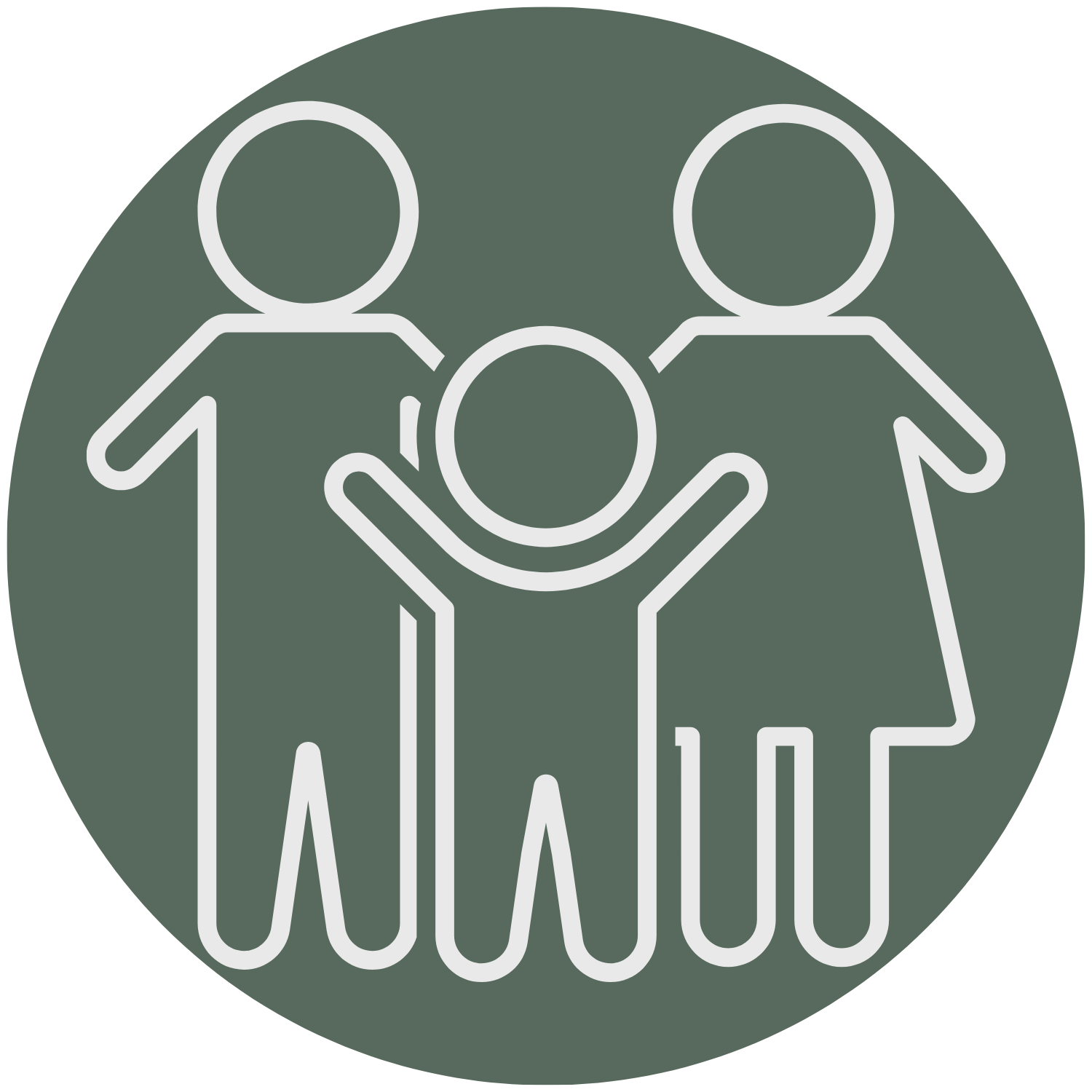 Line drawing of three people, with two adults and a child, standing inside a house outline, representing family or home.