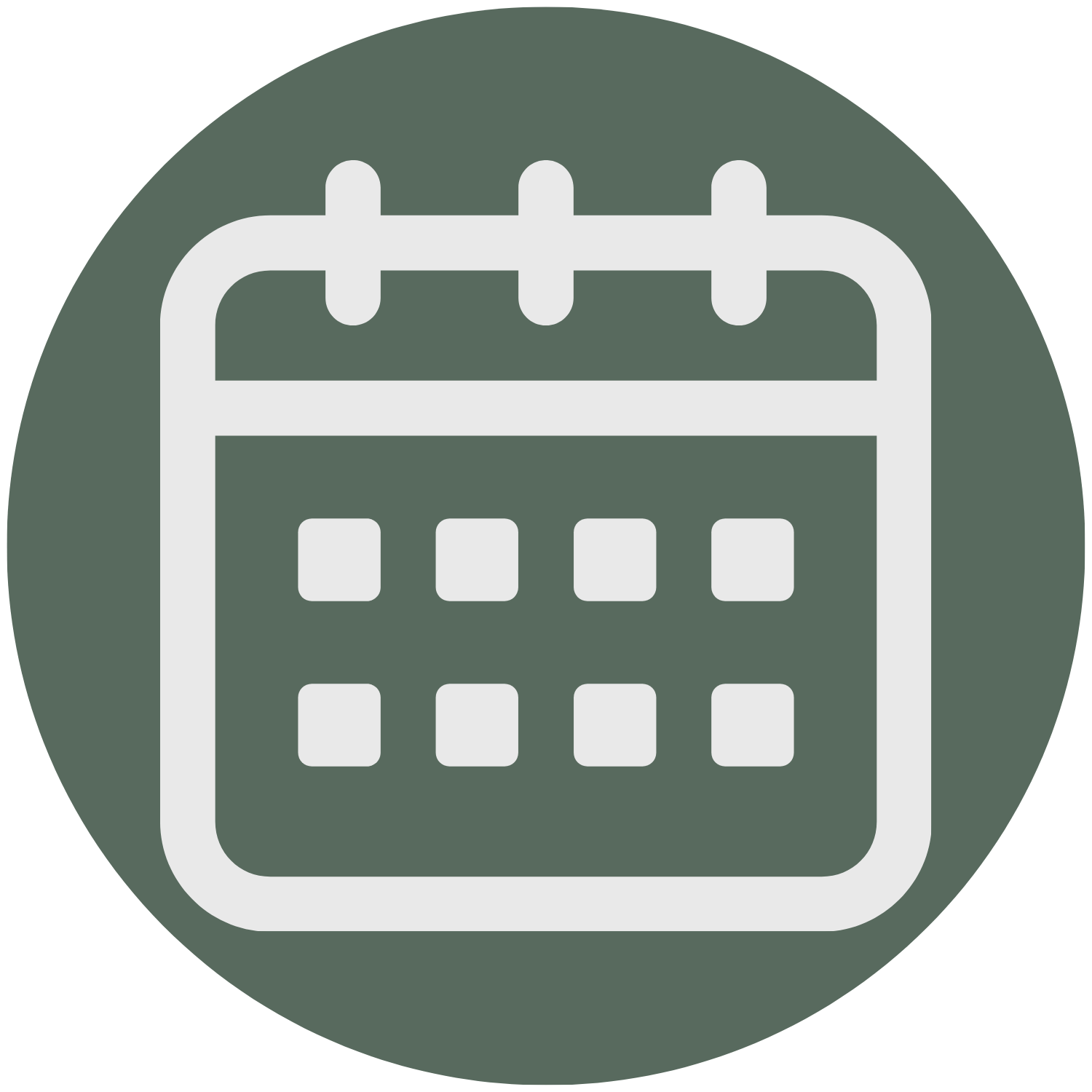 Icon of a calendar with a grid layout, surrounded by a dark circle.