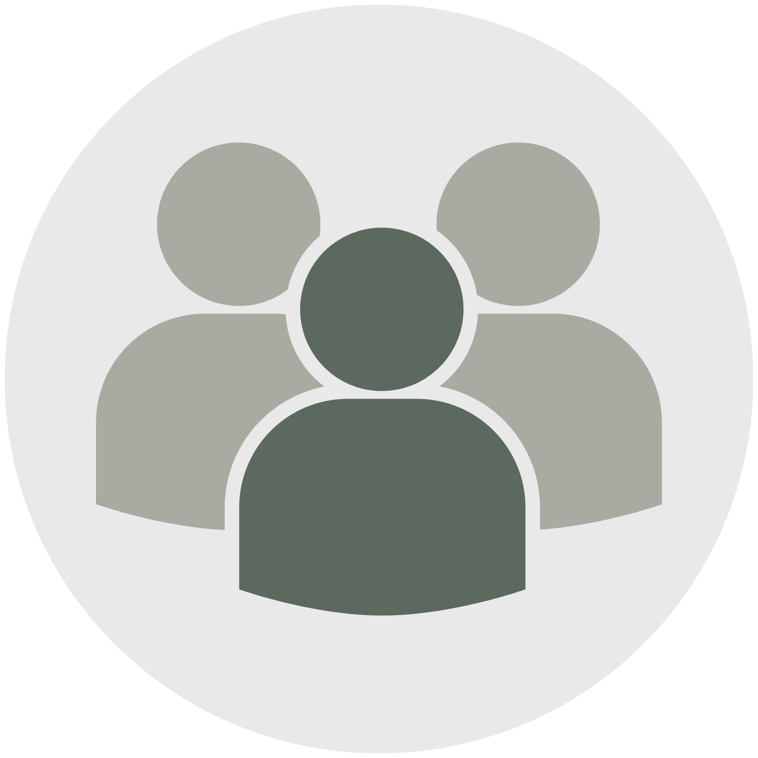 Gray icon of five people arranged in a circle, representing a group.