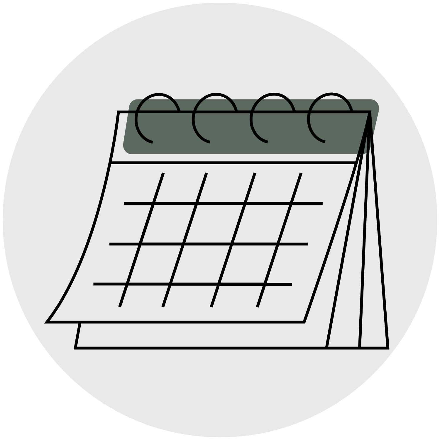 A stylized illustration of an open wire paper notebook or planner within a circular frame, displaying a calendar grid and a blank page.