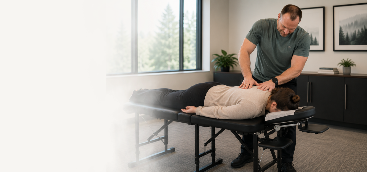 Chiropractor adjusting a woman's back on a massage table in a clinic room.