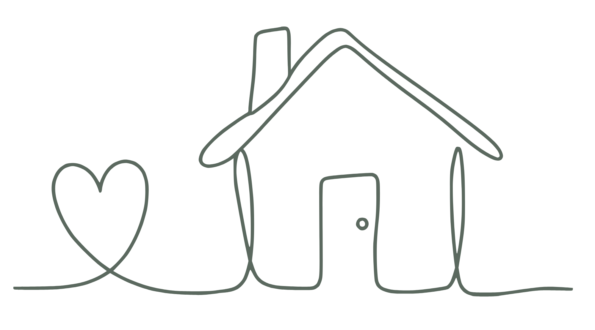 Line drawing of a house, a heart, a mobile phone, and a pen on a black background.